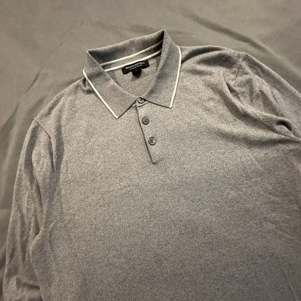 Banana Republic Luxury Blend Sweater Mens L  Silk Cashmere Cotton Polo Knit Gray